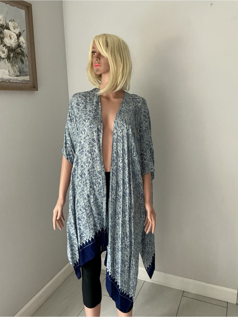 CAbi Blue Patterned Open-Front Kimono with Navy Trim